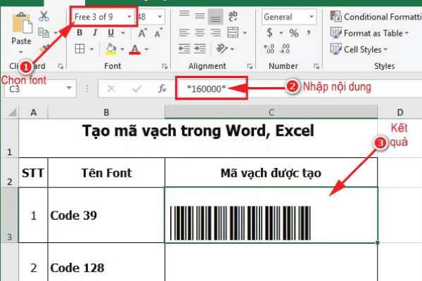 Tạo mã vạch bằng Excel